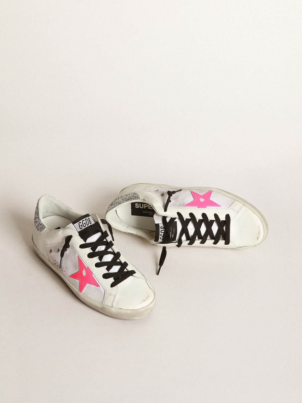 Super-Star sneakers in white leather and canvas with shocking-pink 