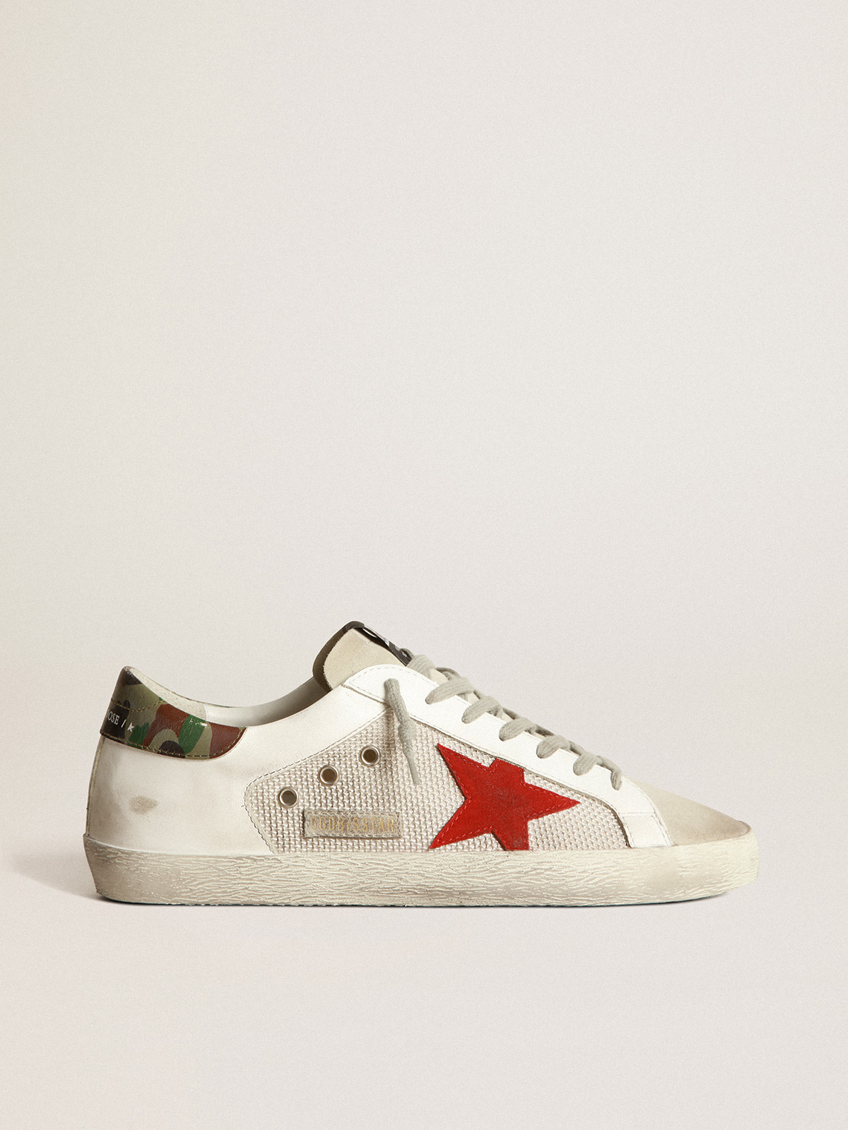 Super-Star sneakers with red suede star and camouflage-print leather heel  tab | Golden Goose