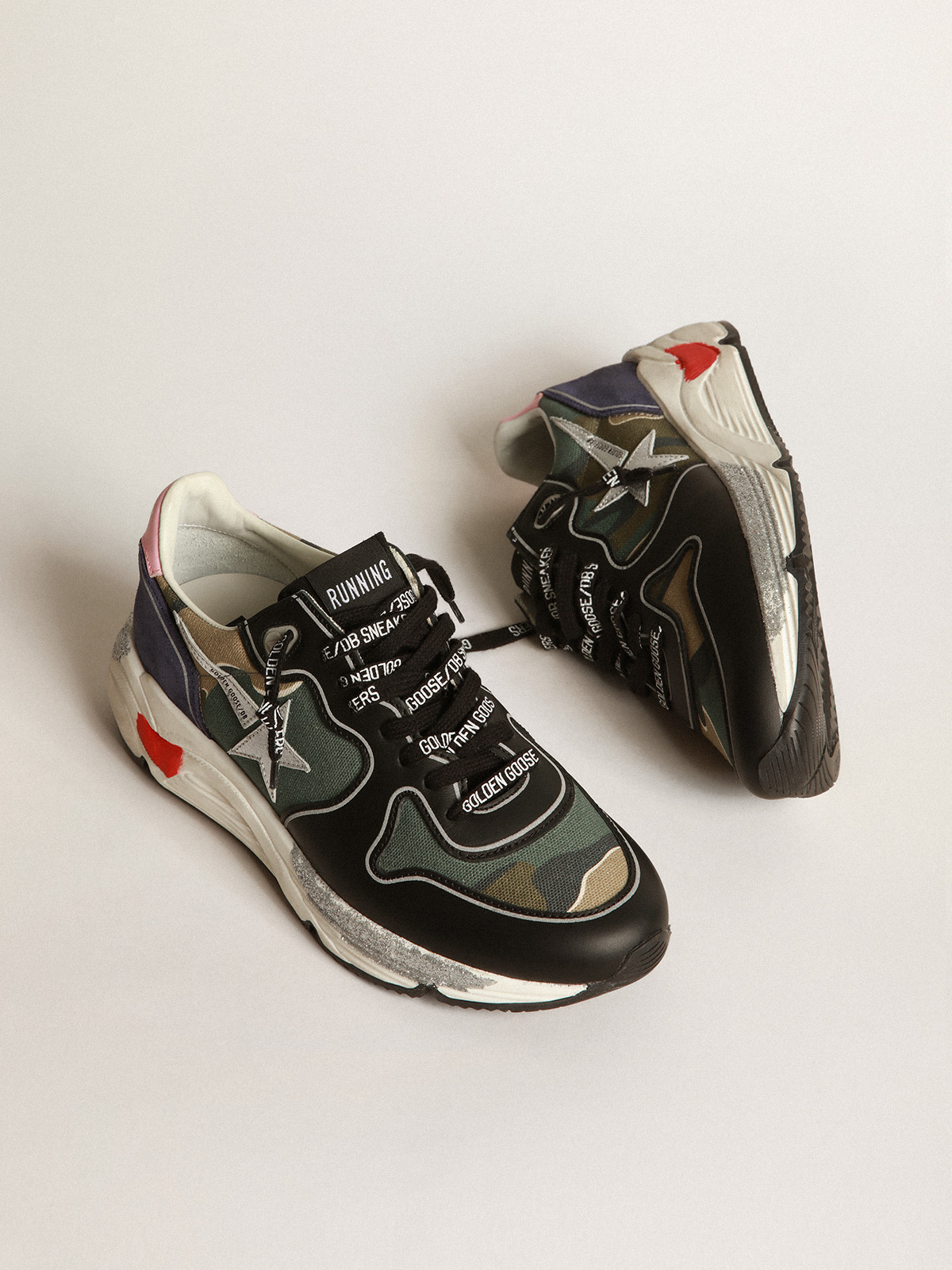Running Sole sneakers in camouflage canvas with silver laminated leather  star and baby-pink leather heel tab | Golden Goose
