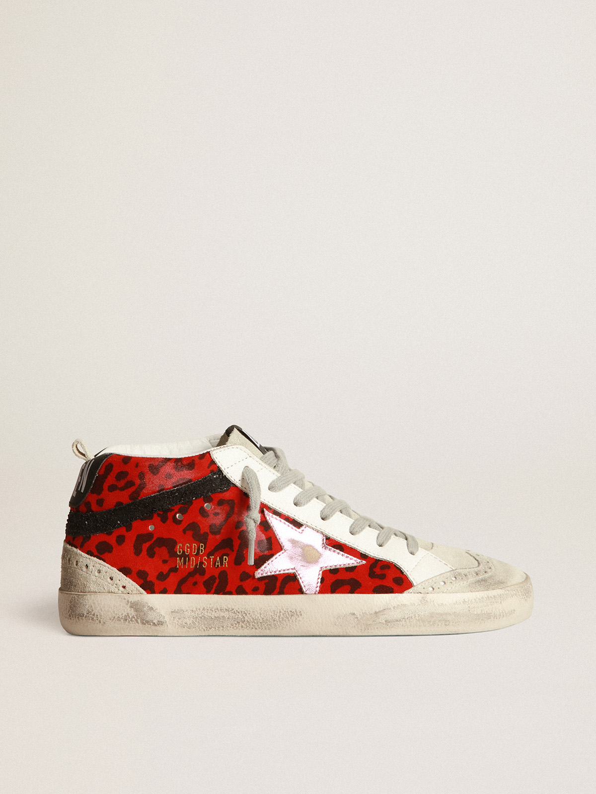 Mid Star sneakers in red leopard-print suede with pink laminated leather  star and black glitter flash | Golden Goose