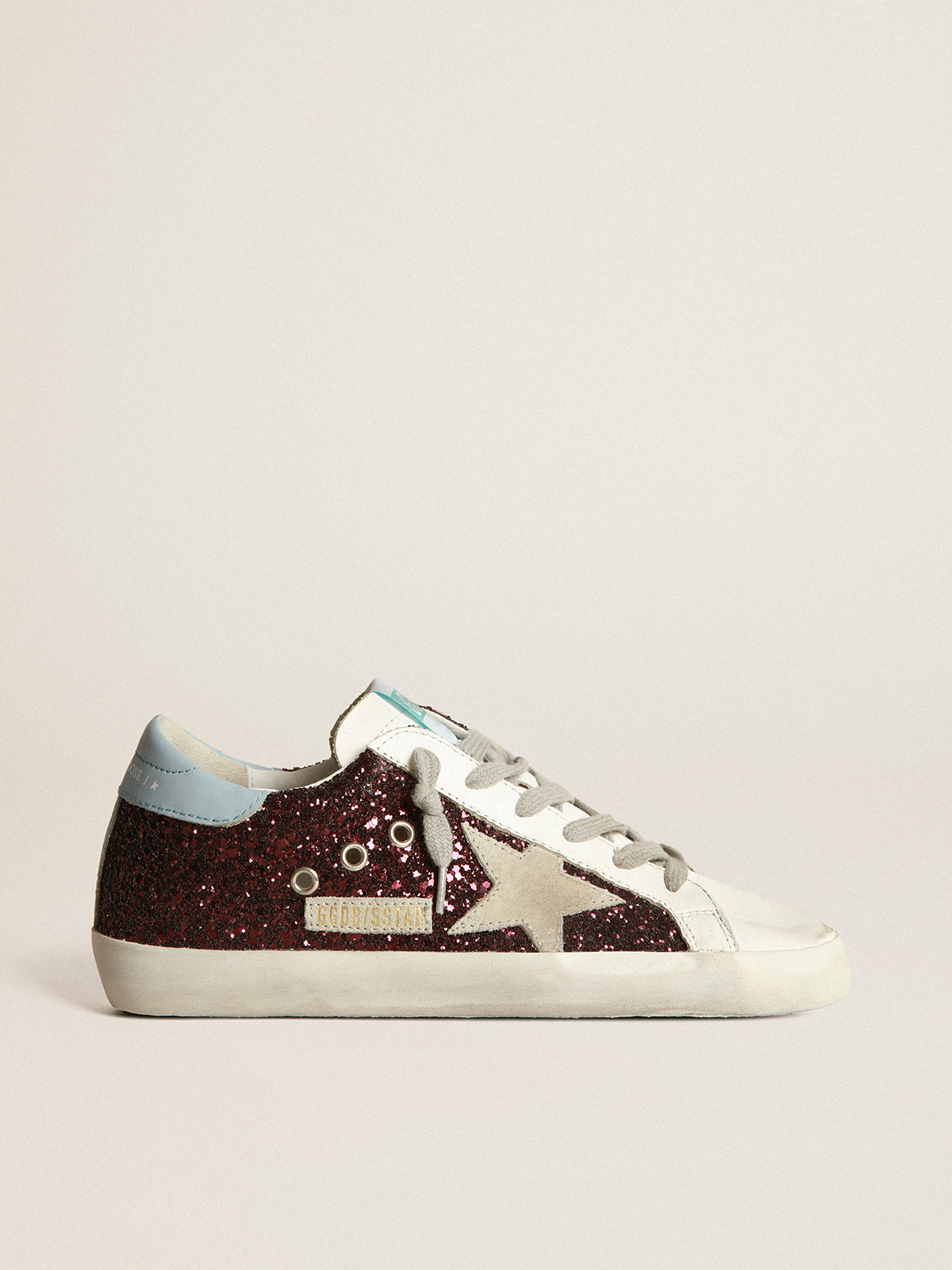 Super-Star sneakers in burgundy glitter with ice-gray suede star and light  blue leather heel tab | Golden Goose