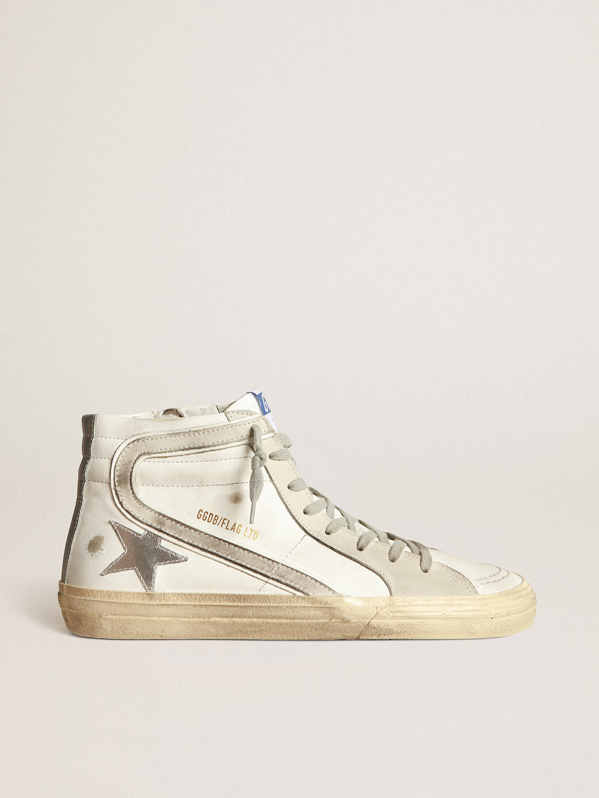 Slide LTD sneakers with silver laminated leather star and gray nubuck flash  | Golden Goose