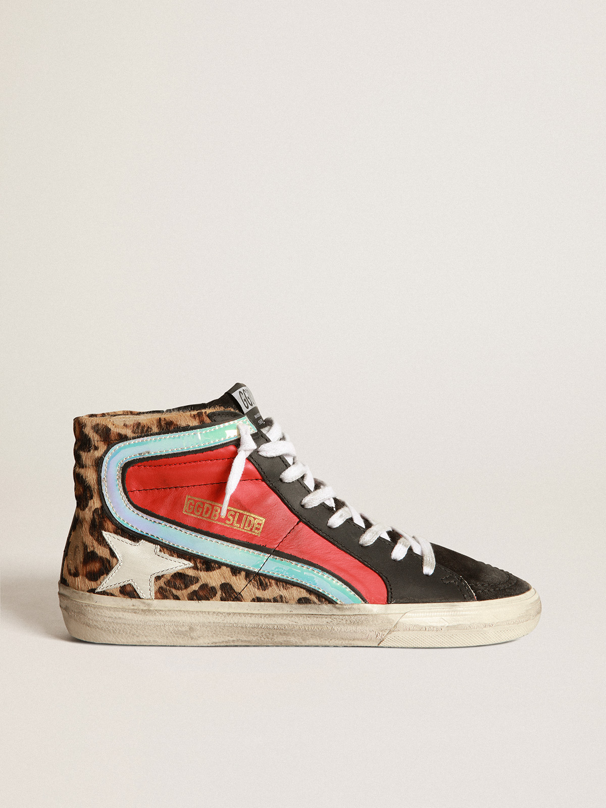 Slide sneakers in red leather and leopard-print pony skin with flash in  iridescent fabric | Golden Goose