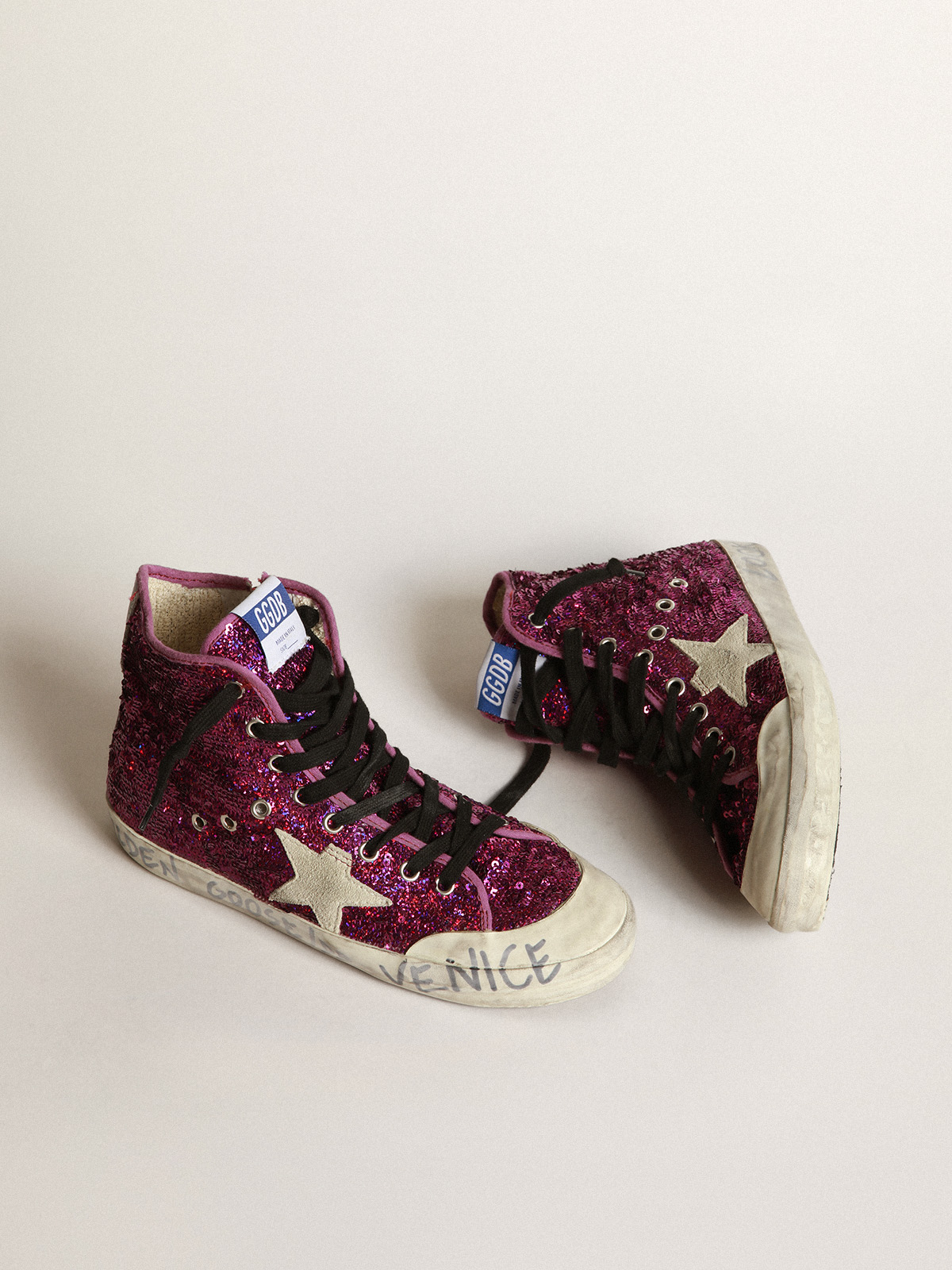 Francy sneakers with sequins and handwritten lettering on the outsole |  Golden Goose