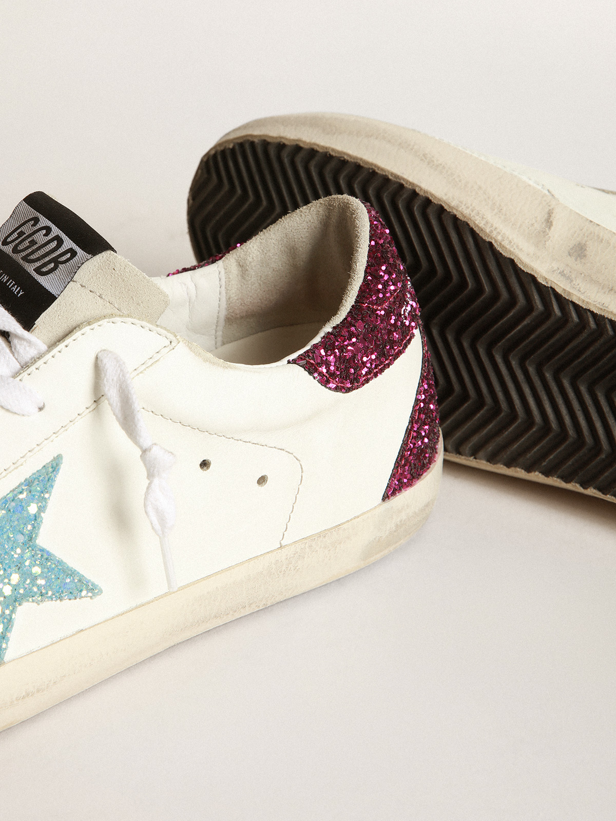 Super-Star sneakers with light blue glitter star and purple glitter heel tab  | Golden Goose