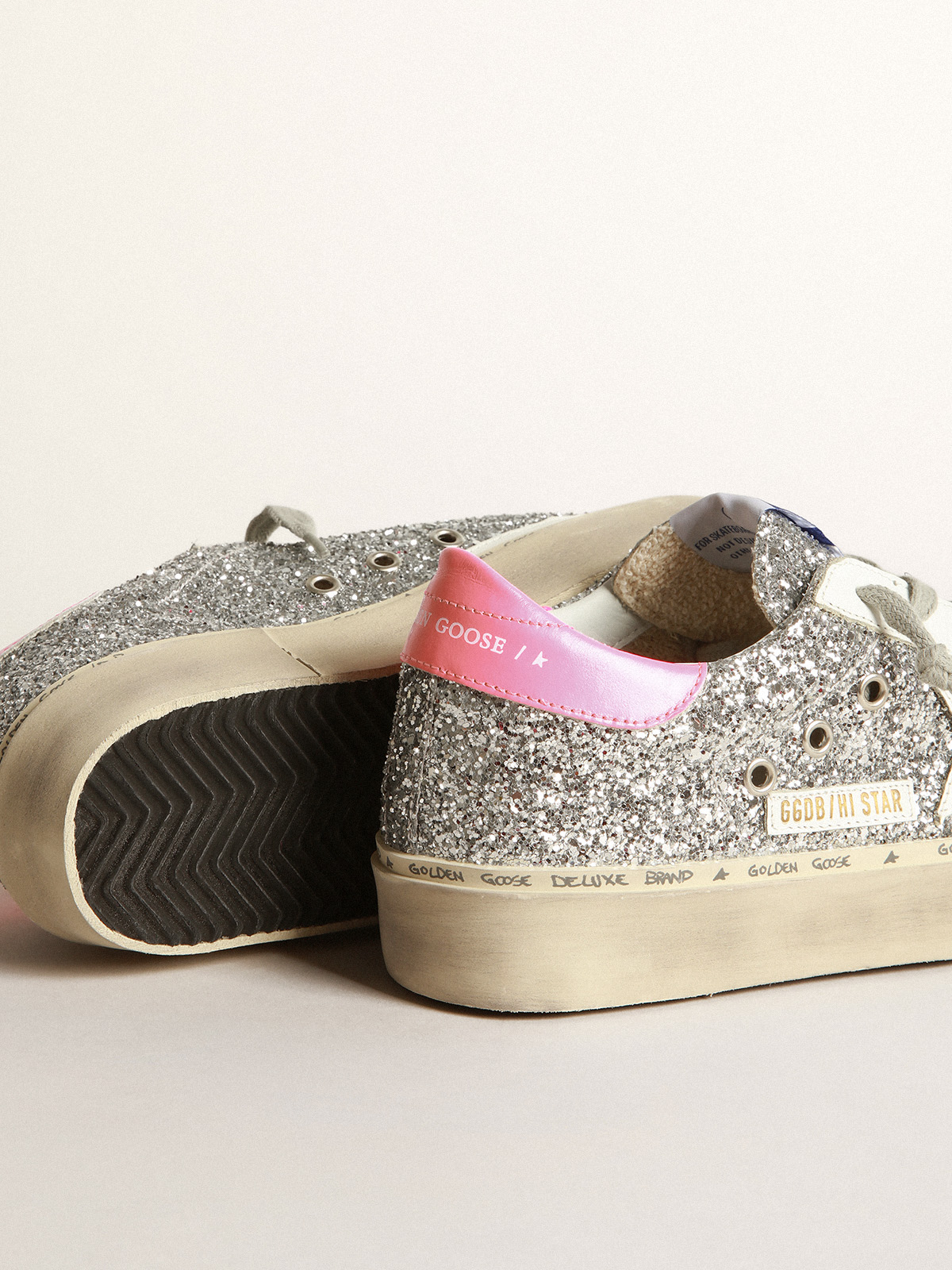 Hi Star sneakers with silver glitter and fuchsia heel tab | Golden Goose