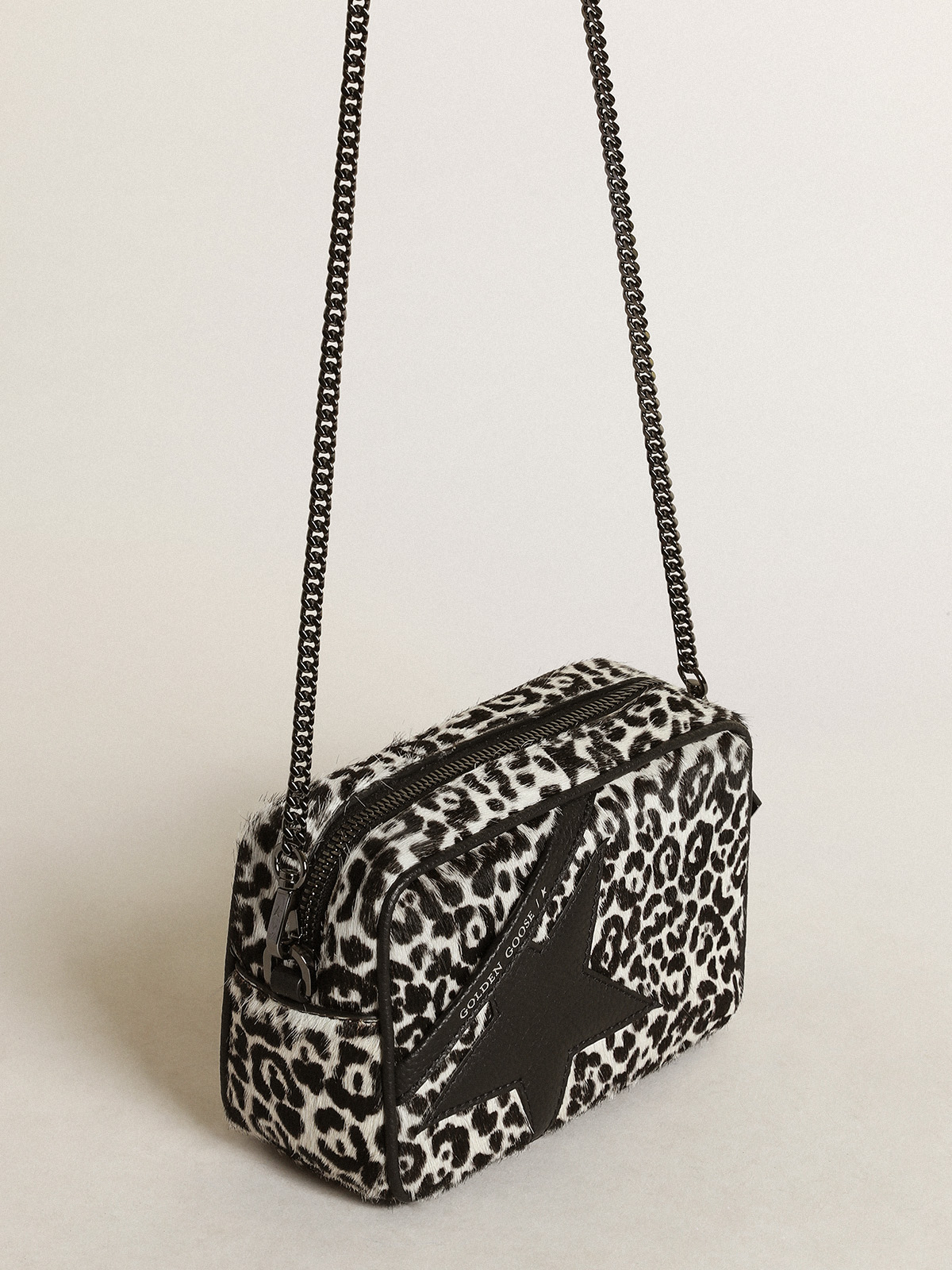 Women's Mini Star Bag in black and white leopard print pony skin