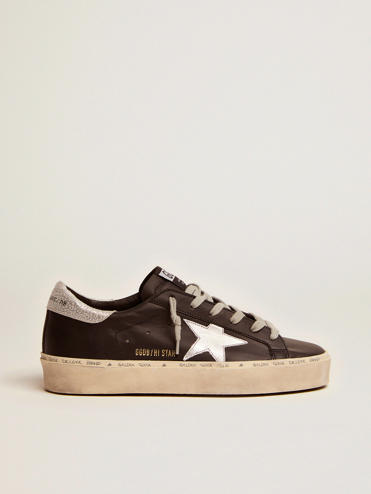 Women\'s Hi Star in black leather with silver laminated leather star |  Golden Goose