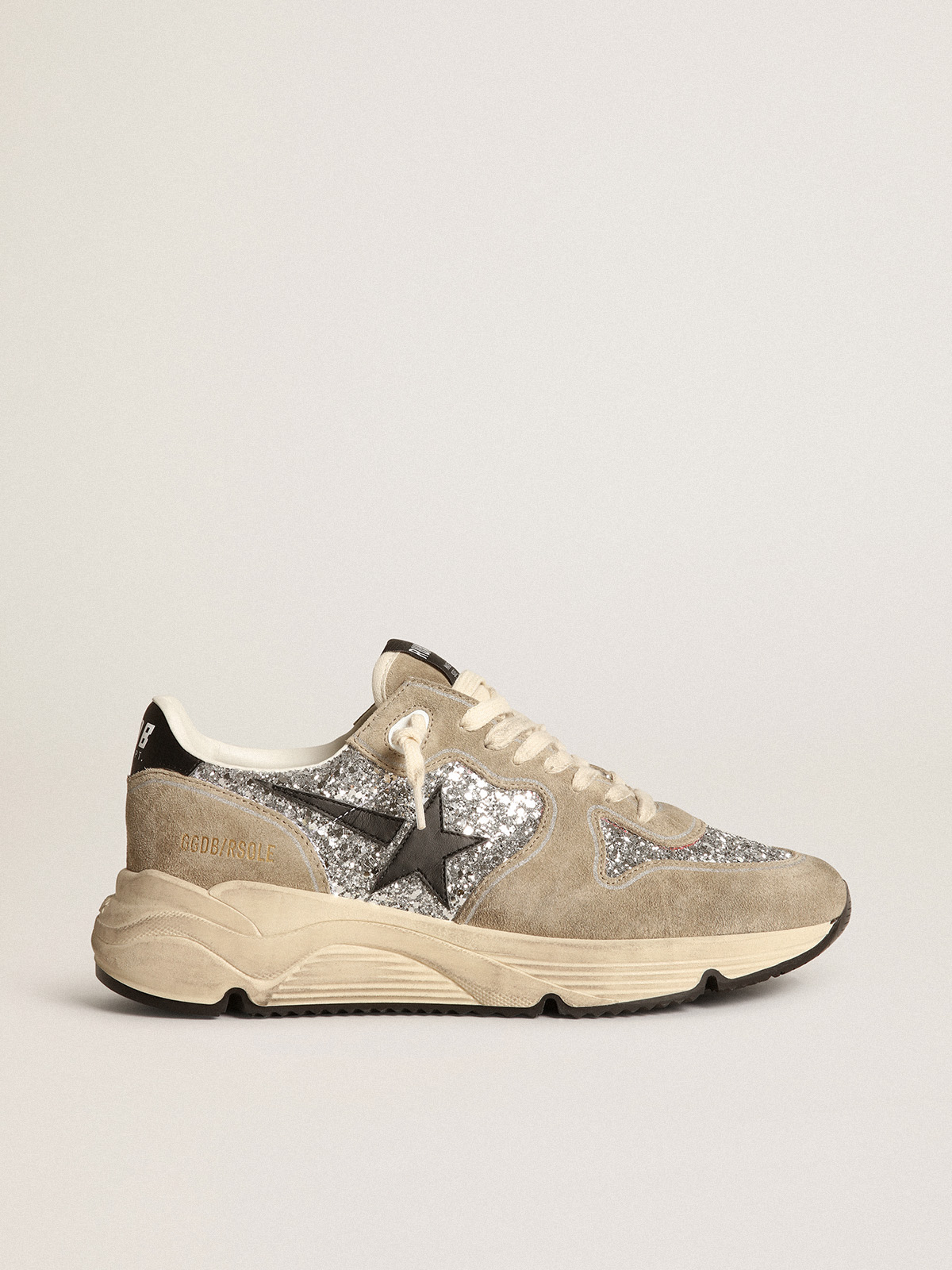 Women\'s Running Sole in silver glitter and dove gray suede | Golden Goose
