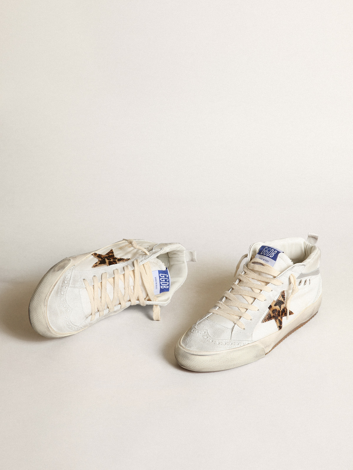 Women's Mid Star LTD in white nylon with leopard print pony skin