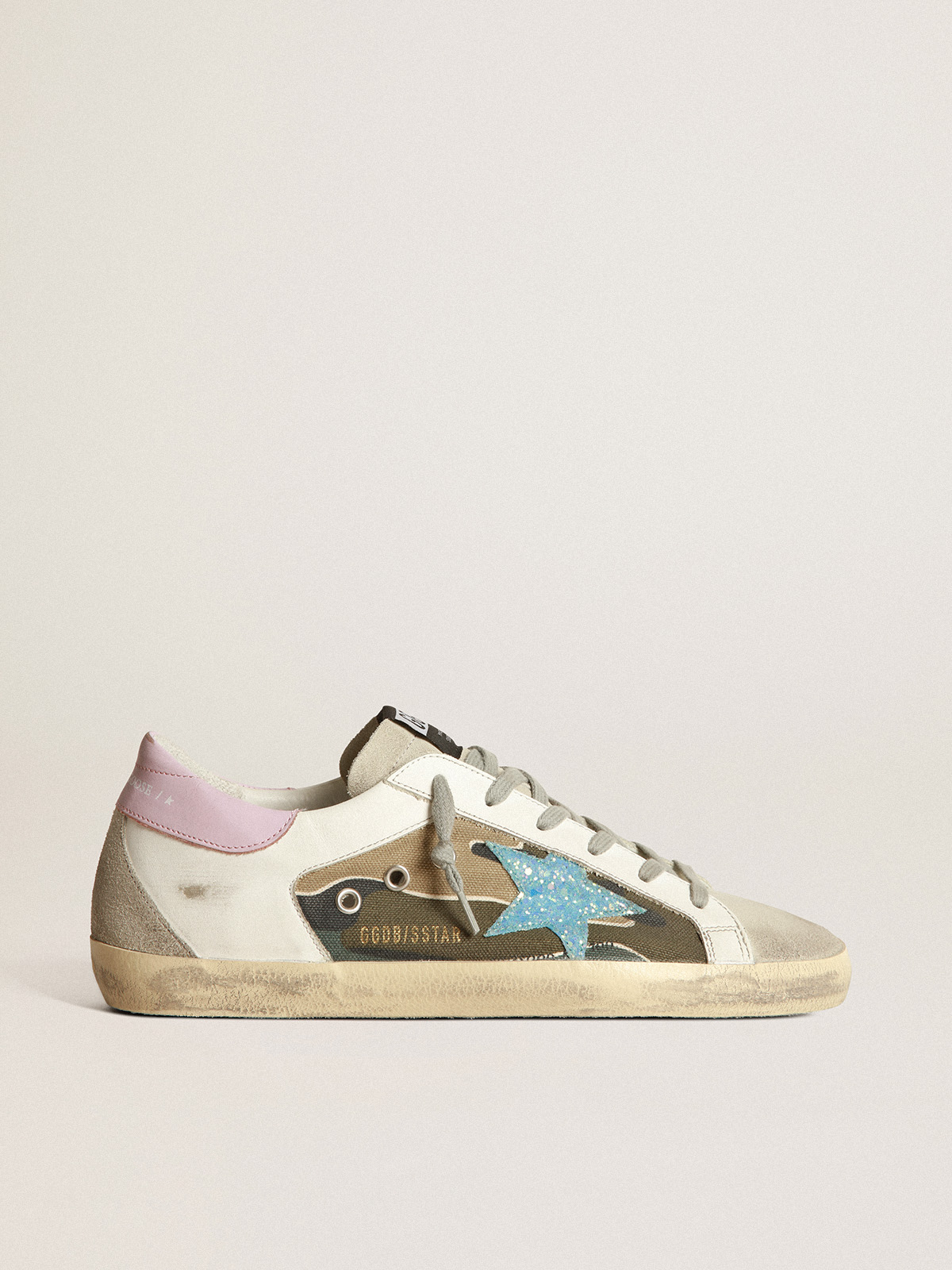 Camouflage Super-Star sneakers with glittery star and pink heel tab |  Golden Goose