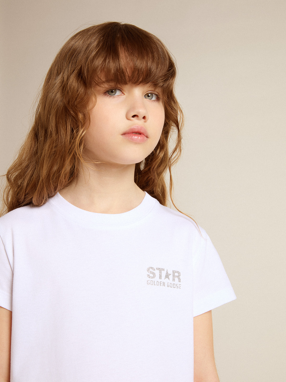 White and silver T-shirt with logo and maxi star in silver glitter