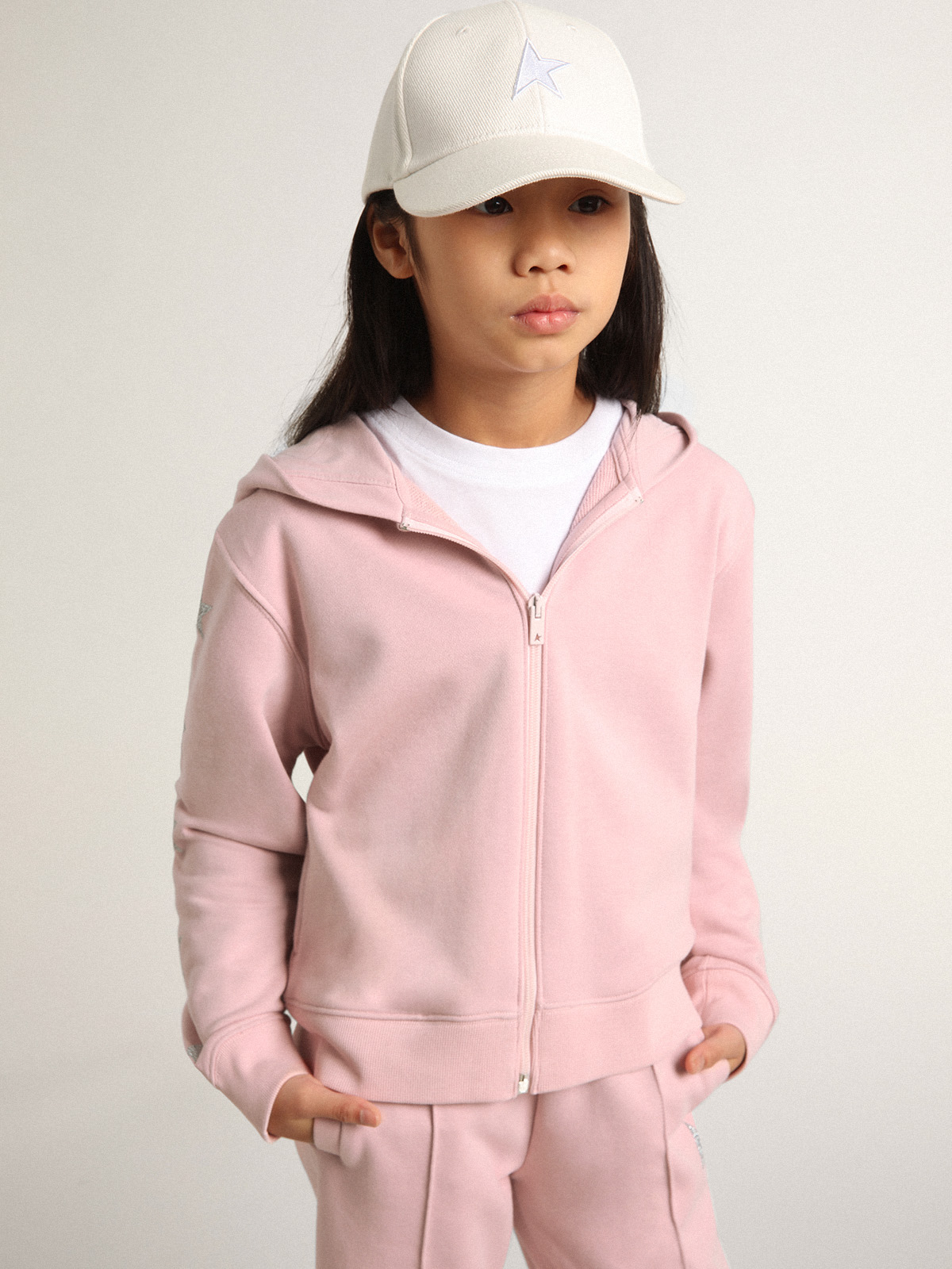 Pink sweatshirt with hood and silver glitter stars