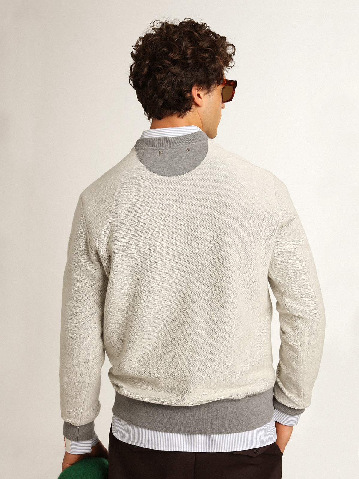 Oatmeal Cotton Sweatshirt with Suede Elbow Patches