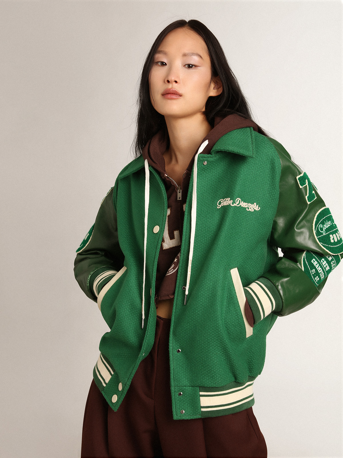 VARSITY BOMBER JACKET WITH PATCHES - Bottle green