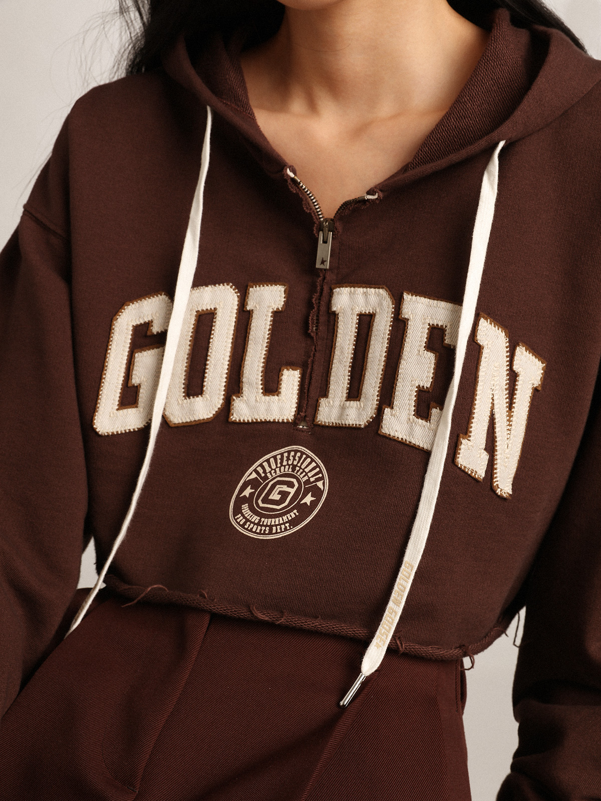 Walnut-brown Journey Collection hooded cropped sweatshirt with
