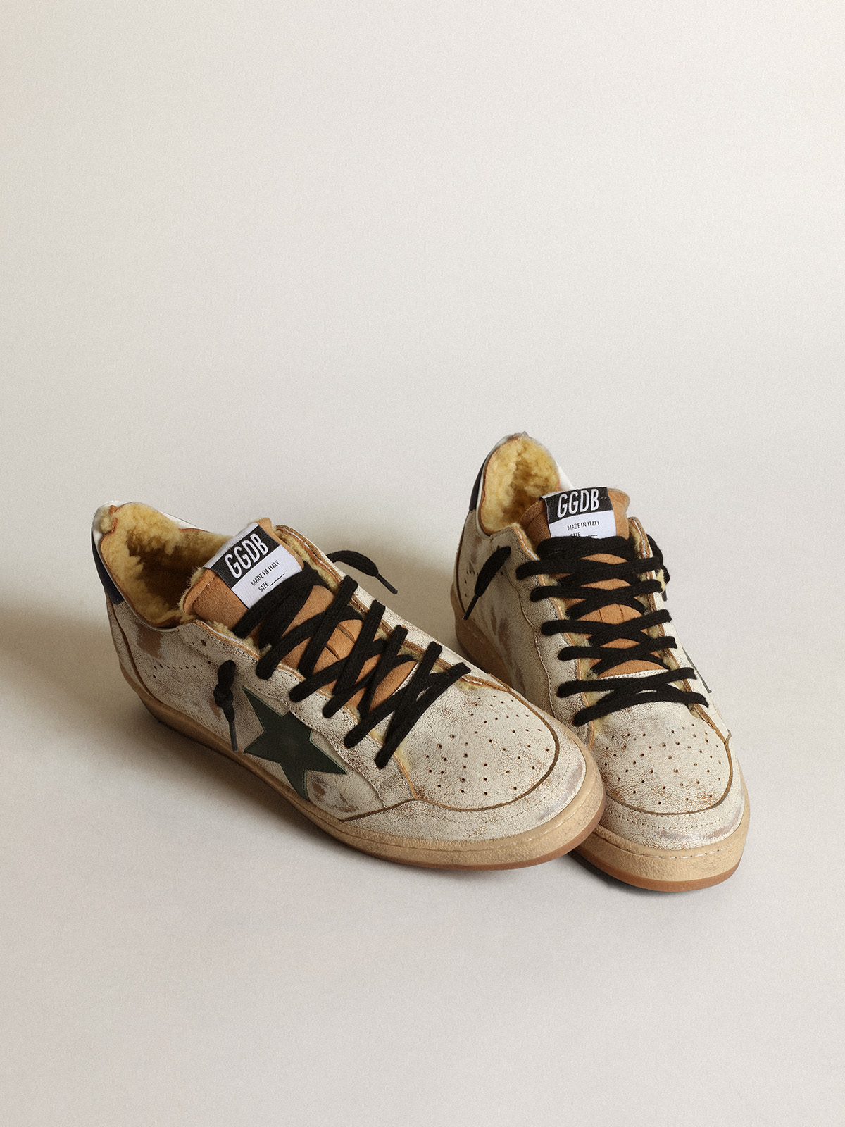 Ball Star sneakers in glossy white leather with dark green leather star and shearling  lining | Golden Goose