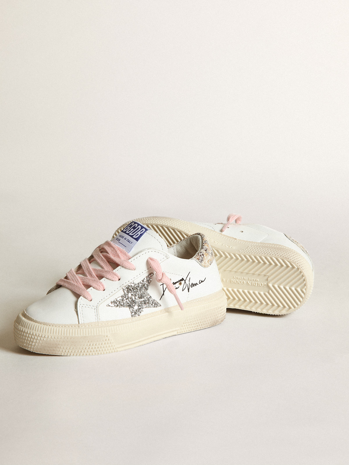 Young May with silver glitter star and leopard print heel tab | Golden Goose