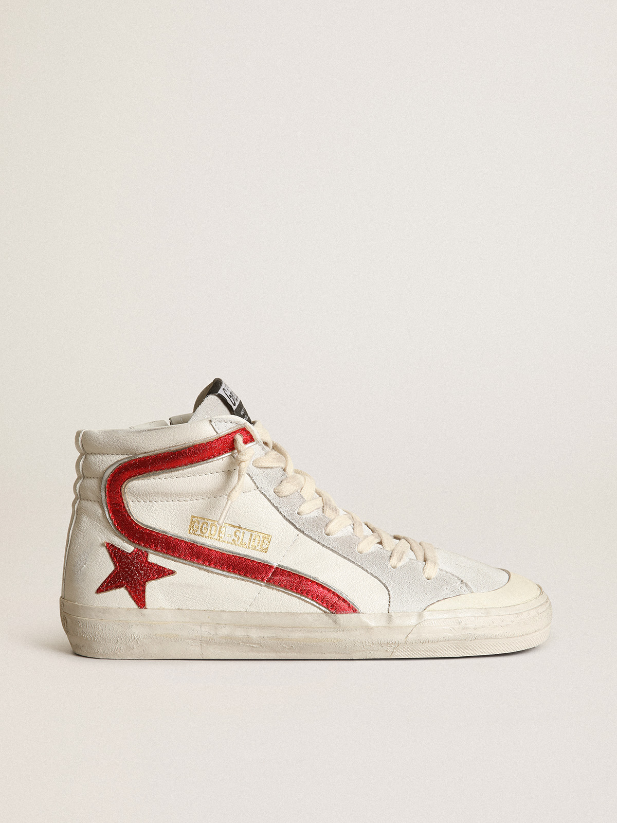 Slide with a red laminated leather star and flash | Golden Goose