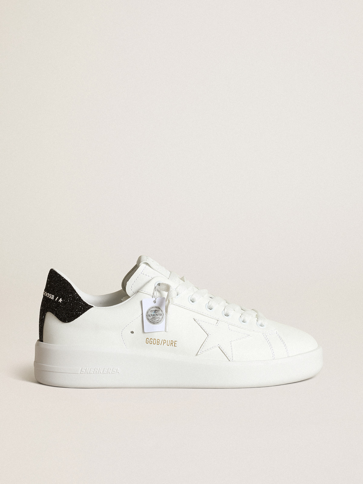 Purestar in white leather with tone-on-tone star and heel tab in black  Swarovski crystals | Golden Goose