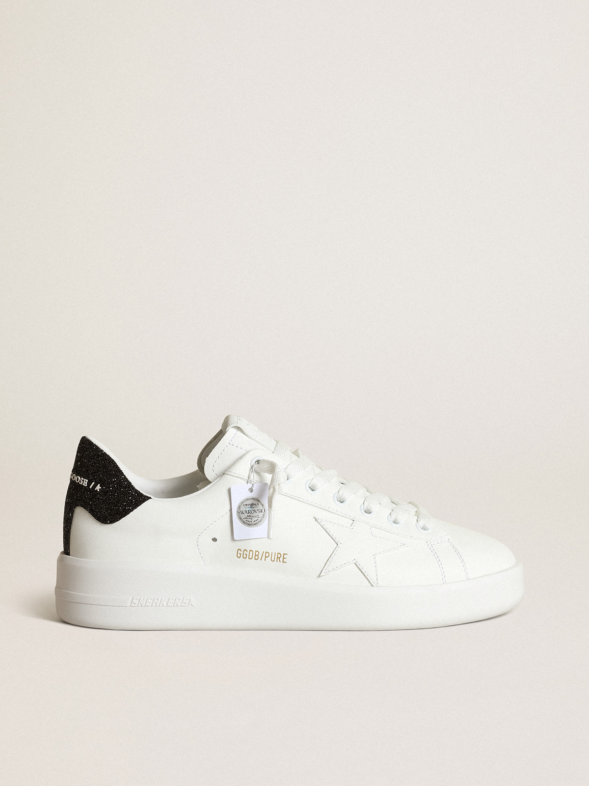 Purestar in white leather with tone-on-tone star and heel tab in black Swarovski  crystals | Golden Goose