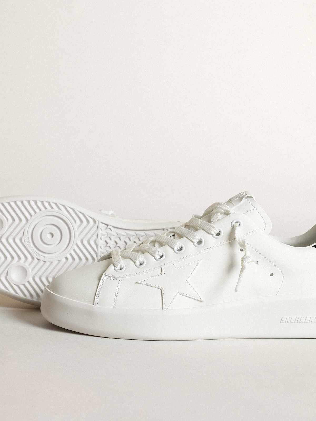 Purestar in white leather with tone-on-tone star and heel tab in black Swarovski  crystals | Golden Goose