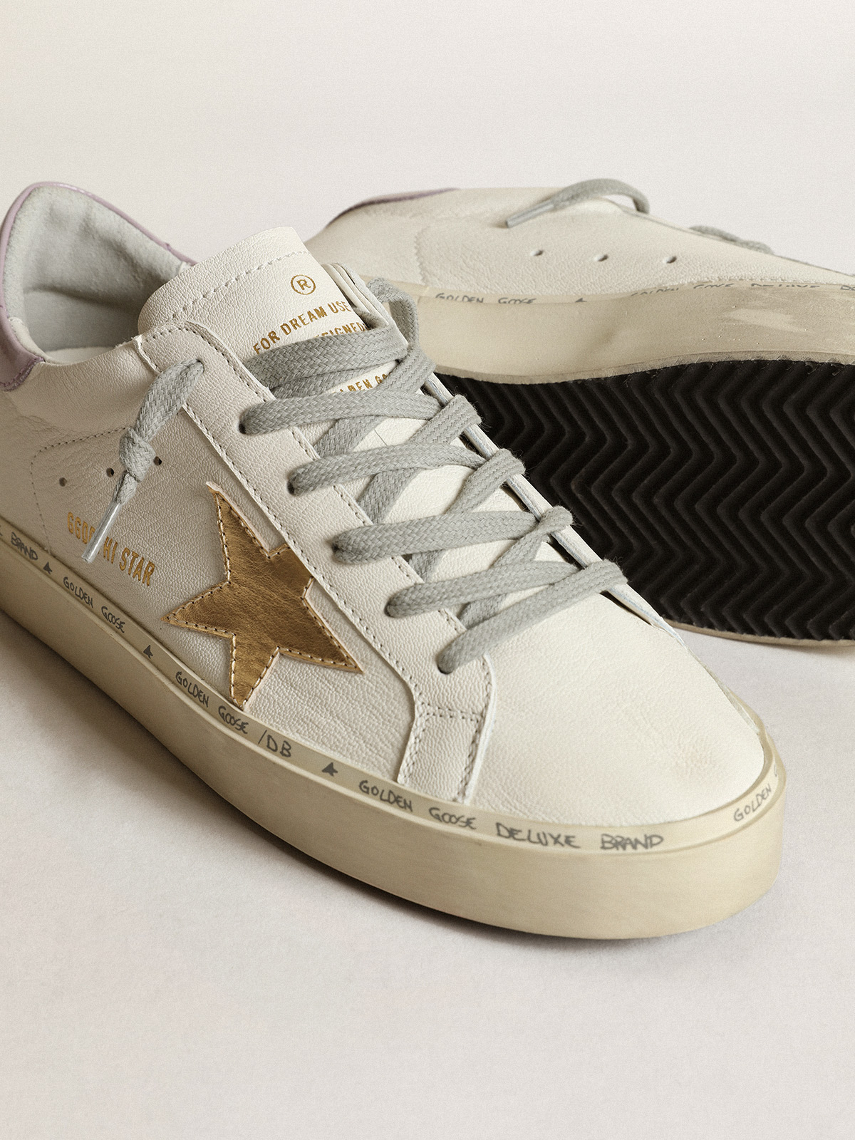 White Hi Star with a gold star and lilac naplak heel tab | Golden