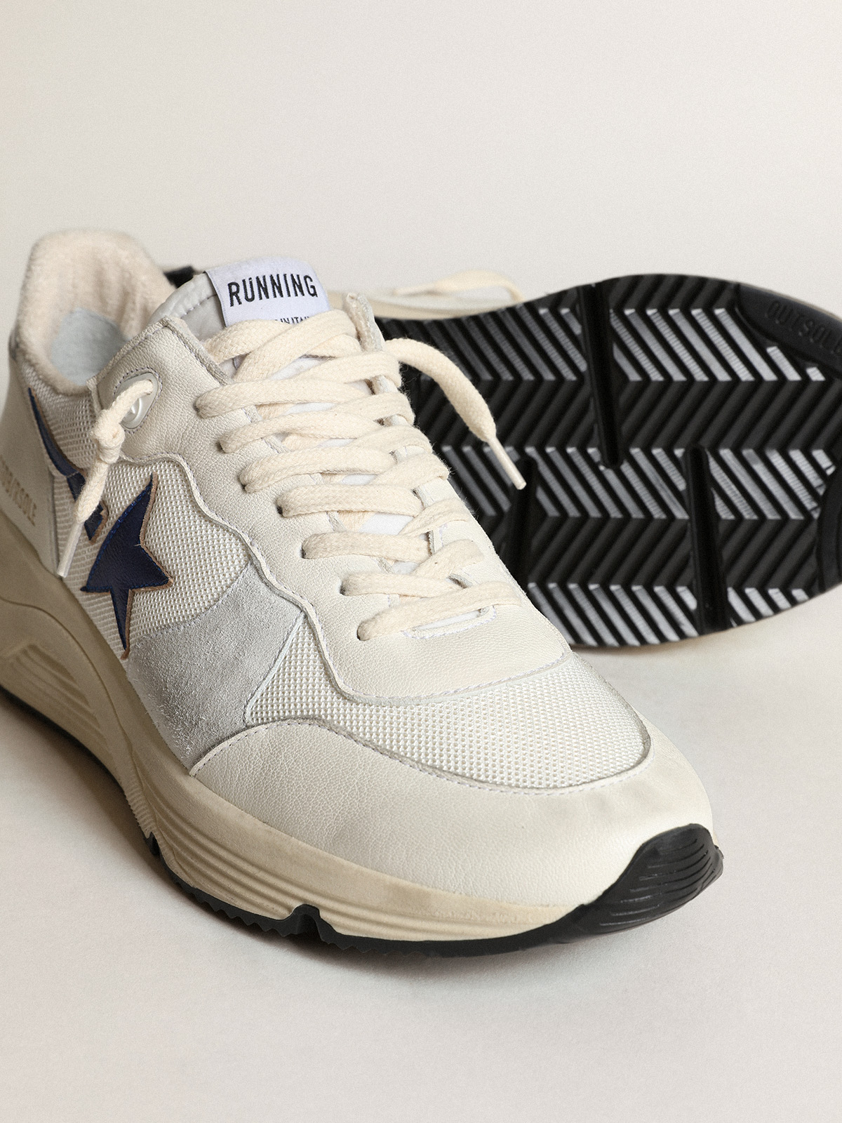 Running Sole in white mesh and nappa leather with a blue star | Golden Goose