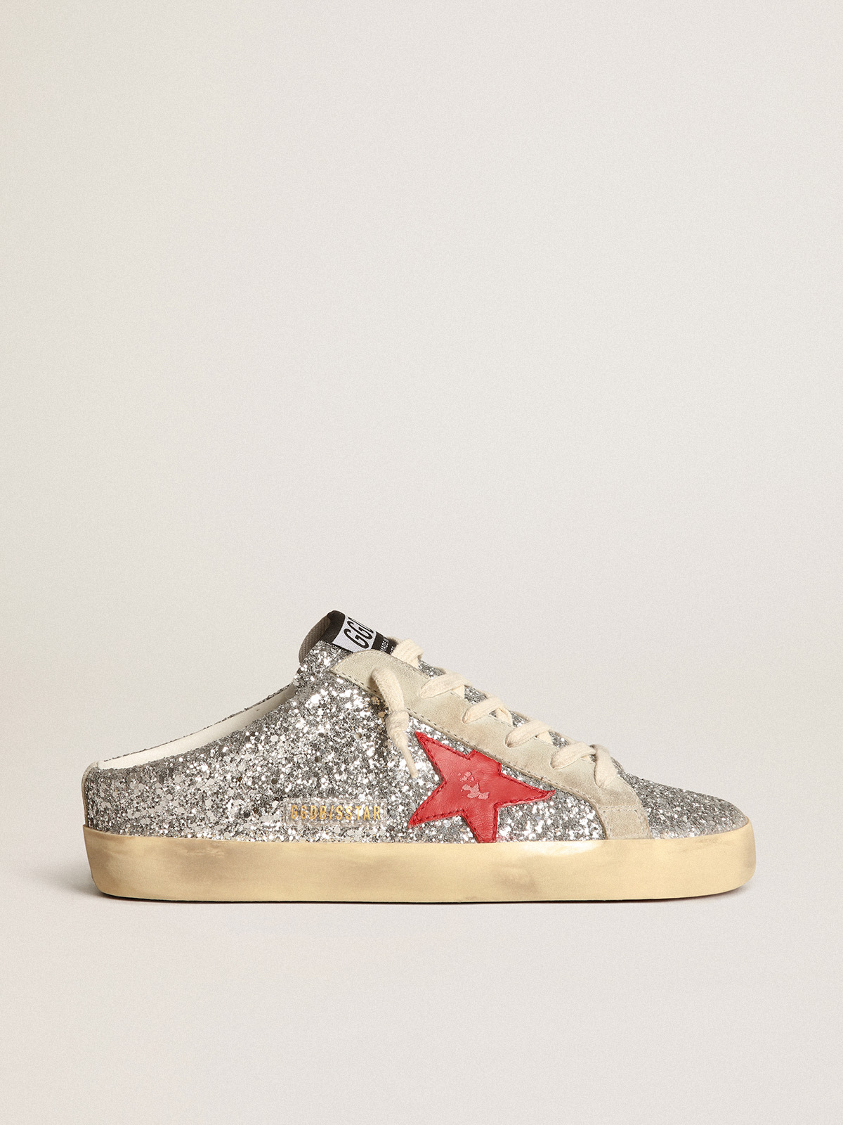 Women\'s Super-Star Sabot in silver glitter with red leather star | Golden  Goose