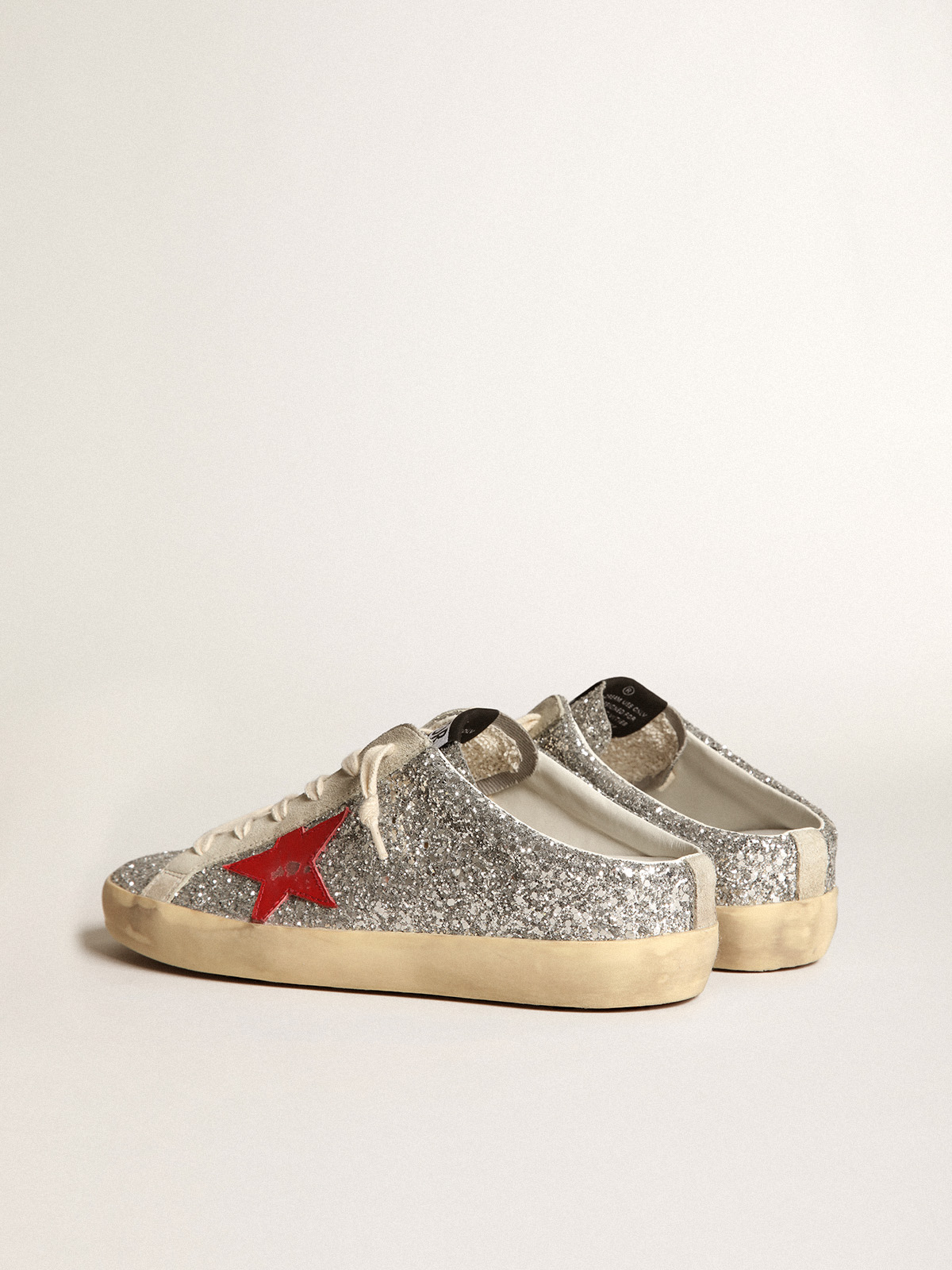Women's Super-Star Sabot in silver glitter with red leather star