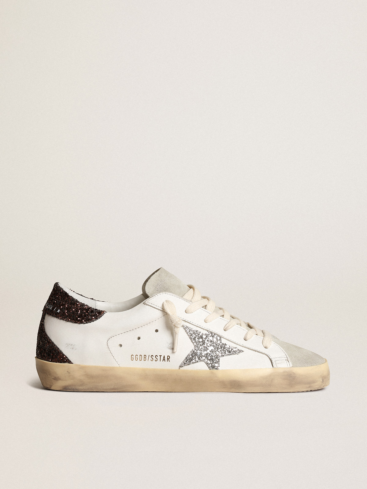 Golden Goose - Super-Star with Silver Star and Brown Glitter Heel Tab, Woman, Size: 37