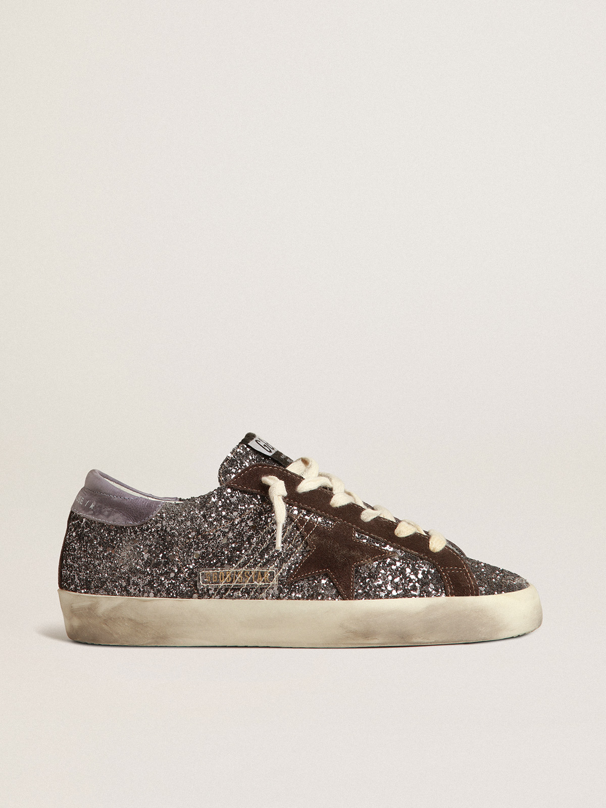 Super-Star in glitter with a brown star and lilac heel tab | Golden Goose