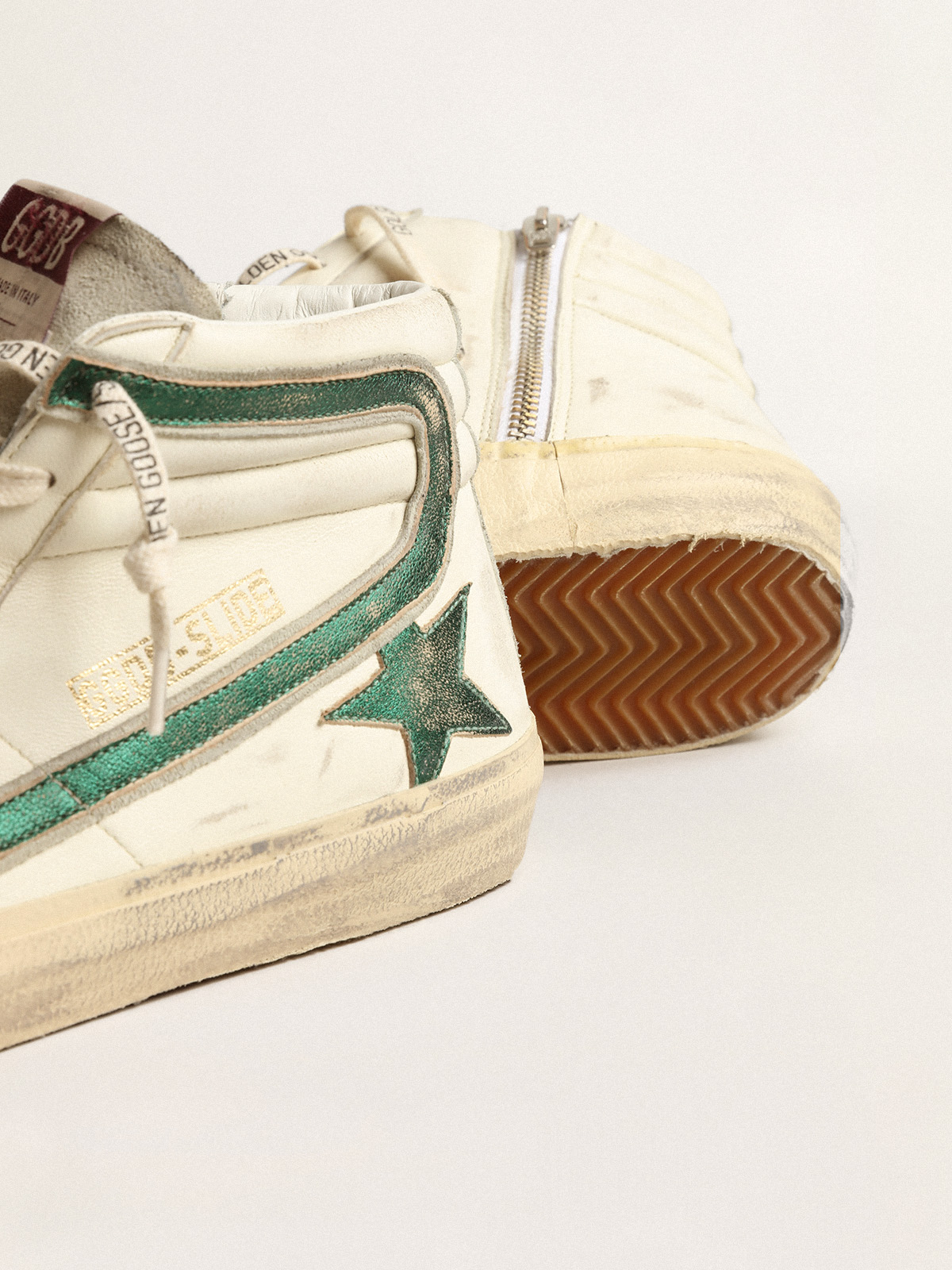 Slide in beige nappa with green laminated leather star and flash | Golden  Goose