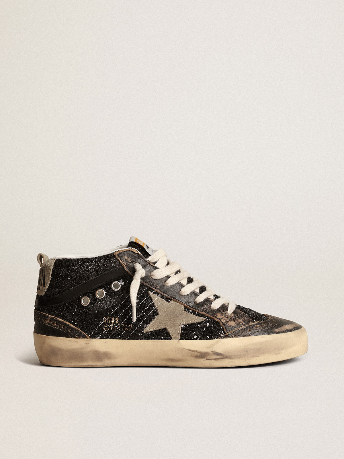 Women\'s Mid Star in black glitter with dove-gray suede star and heel tab |  Golden Goose