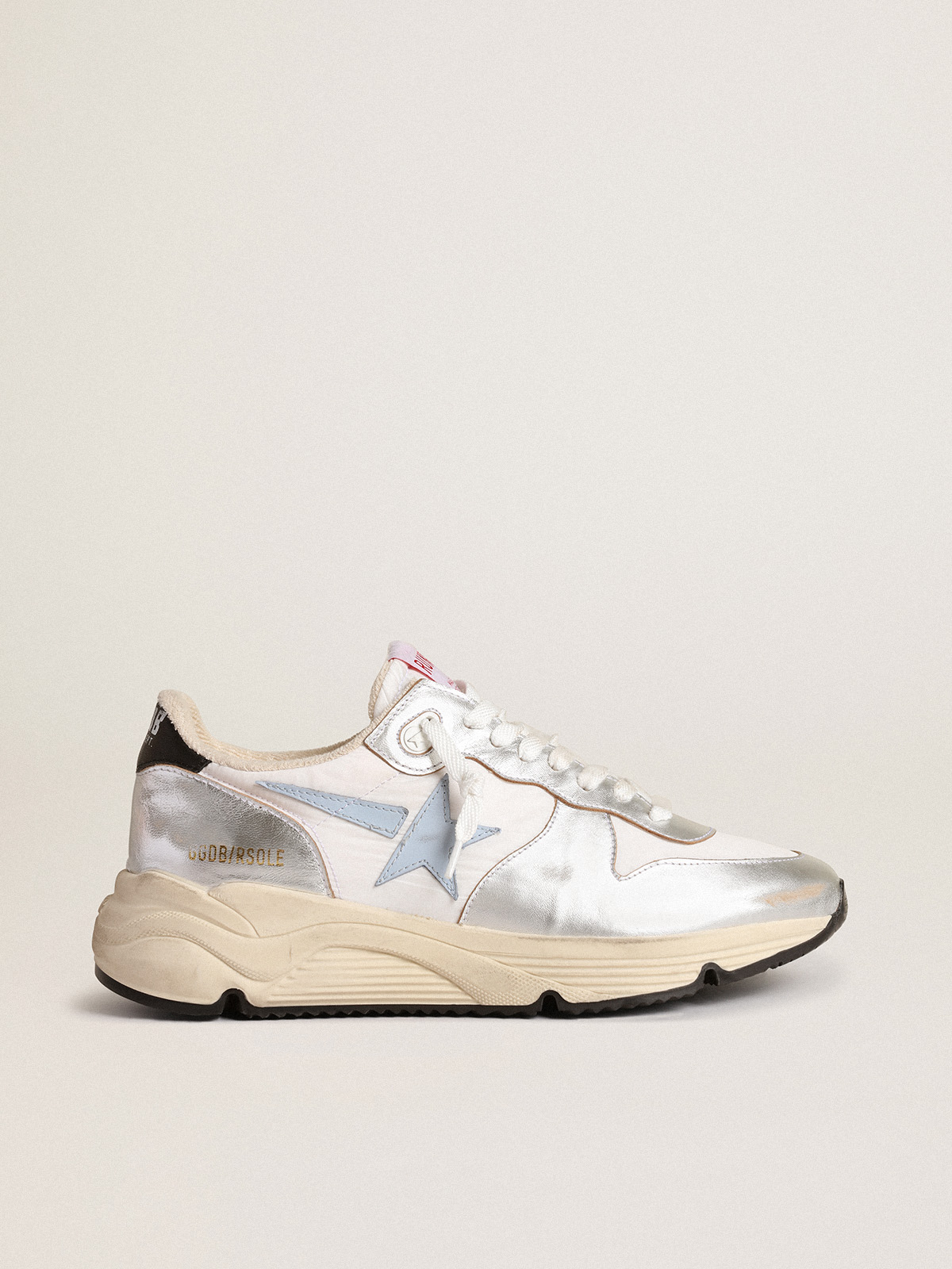 Running Sole in nylon and silver metallic leather with light blue star |  Golden Goose