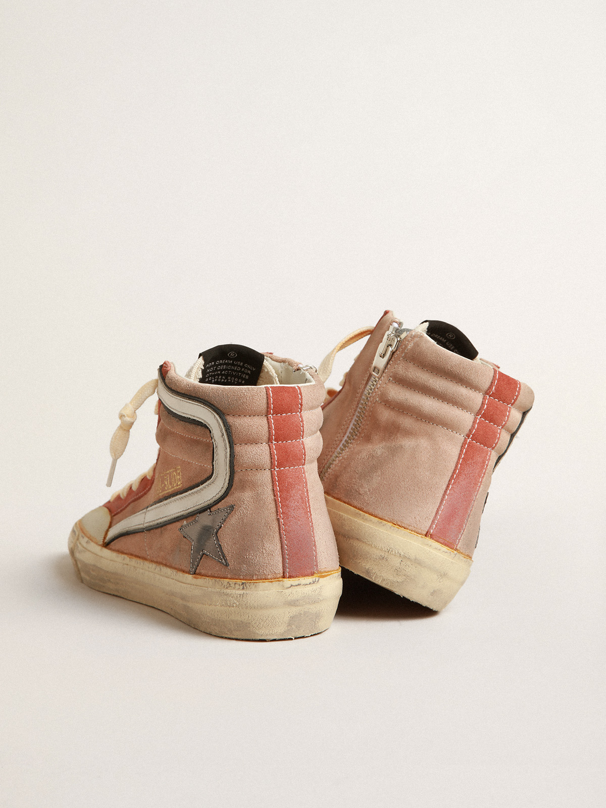 Slide in pink suede with anthracite laminated leather star | Golden Goose