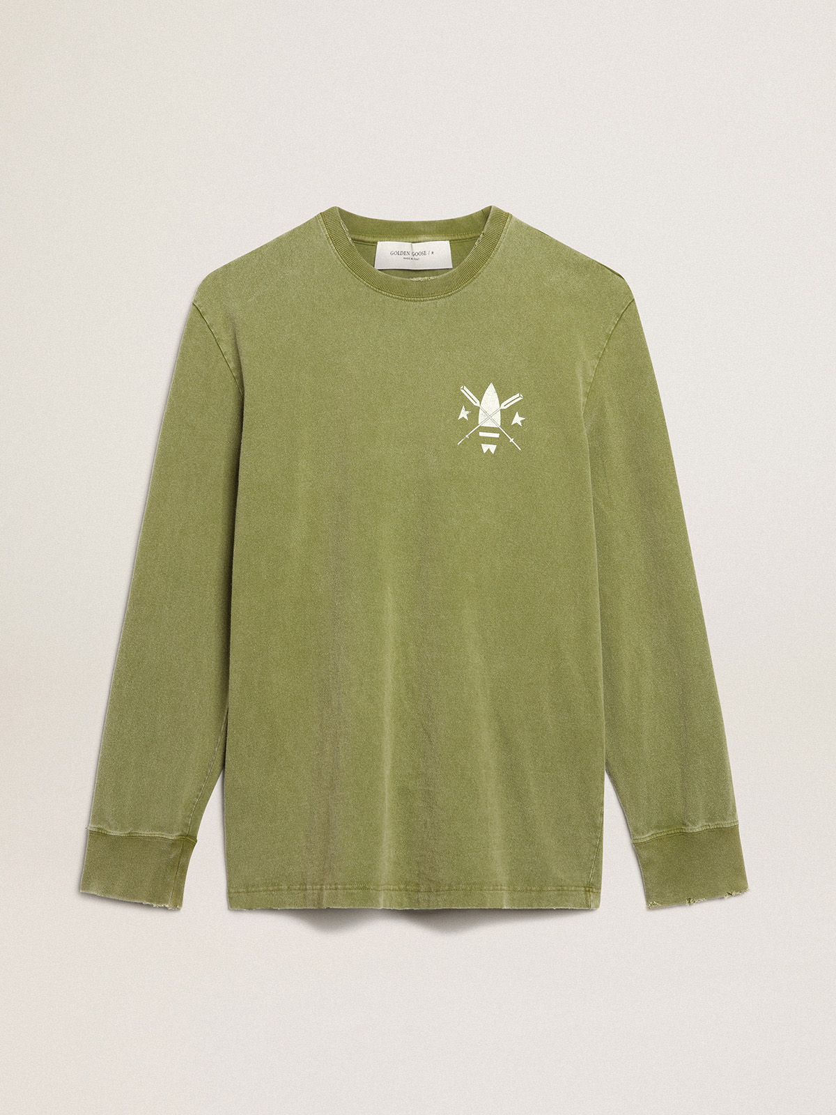 Pesto-green T-shirt with white logo on the front and back | Golden Goose