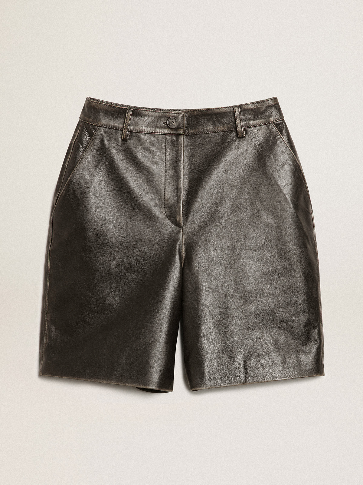 Black leather Bermuda shorts with lived-in effect | Golden Goose