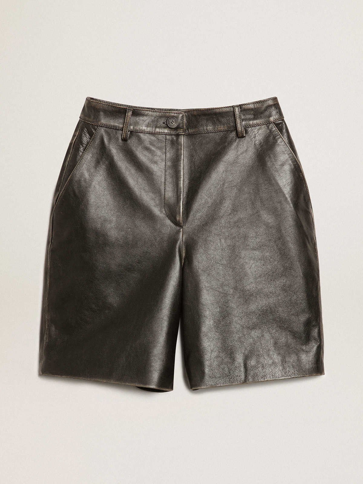 Black leather Bermuda shorts with lived in effect Golden Goose