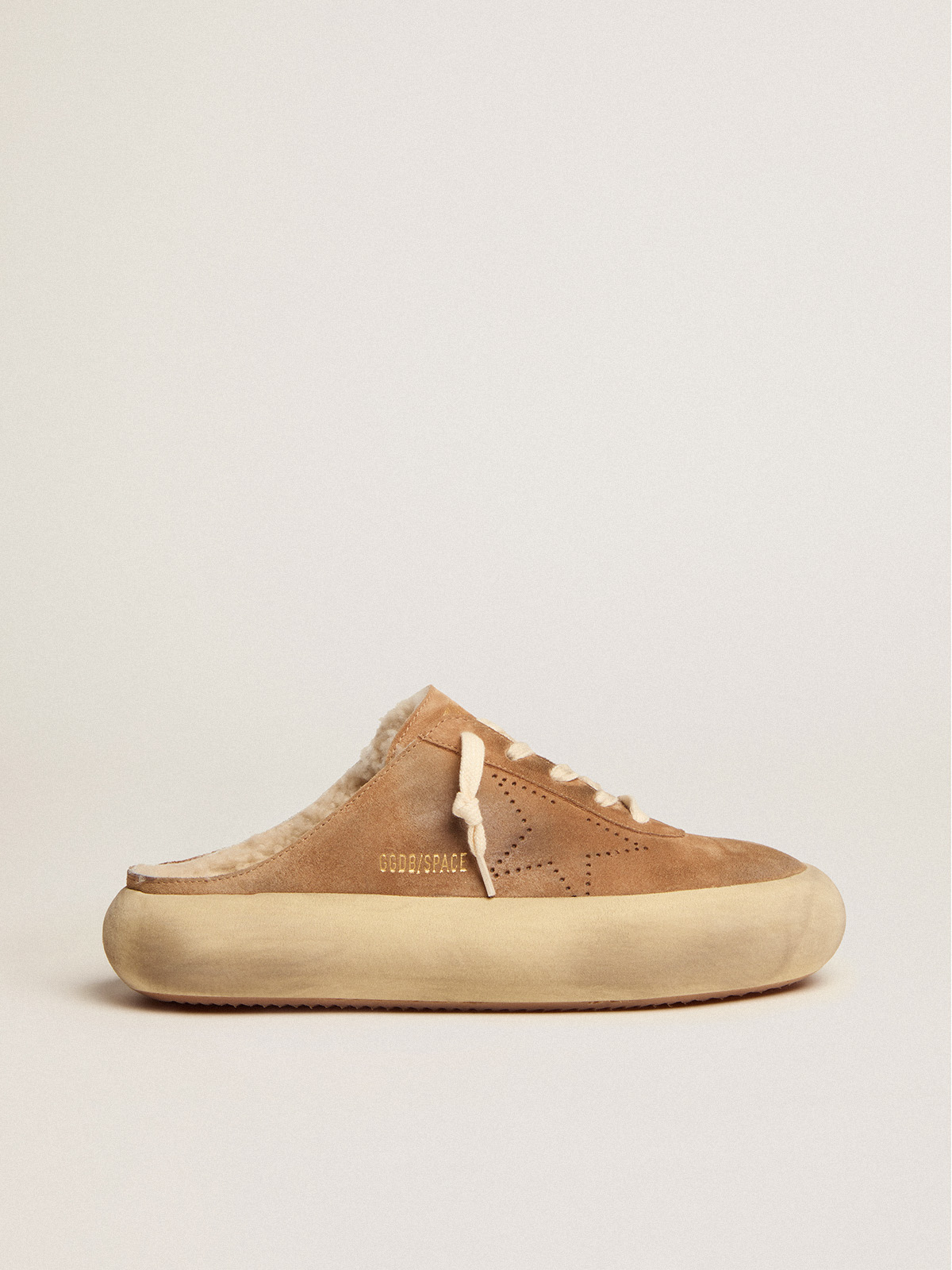 Women\'s Space-Star Sabot shoes in tobacco-colored suede with shearling  lining | Golden Goose