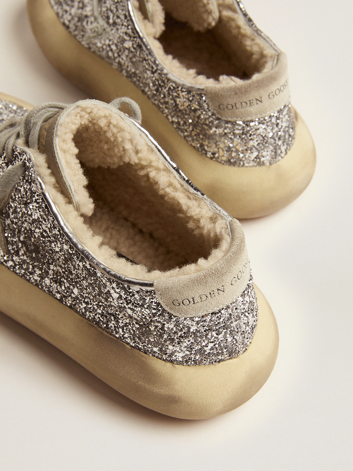 Women\'s Space-Star shoes in silver glitter with shearling lining | Golden  Goose