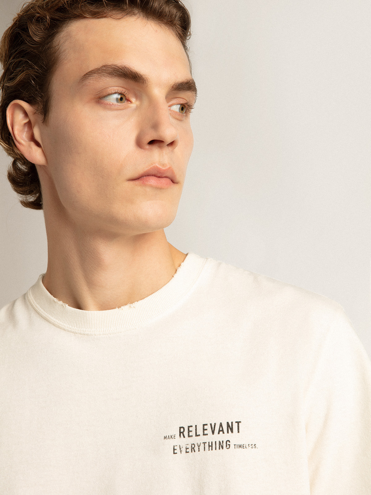 Distressed-finish white T-shirt with lettering | Golden Goose