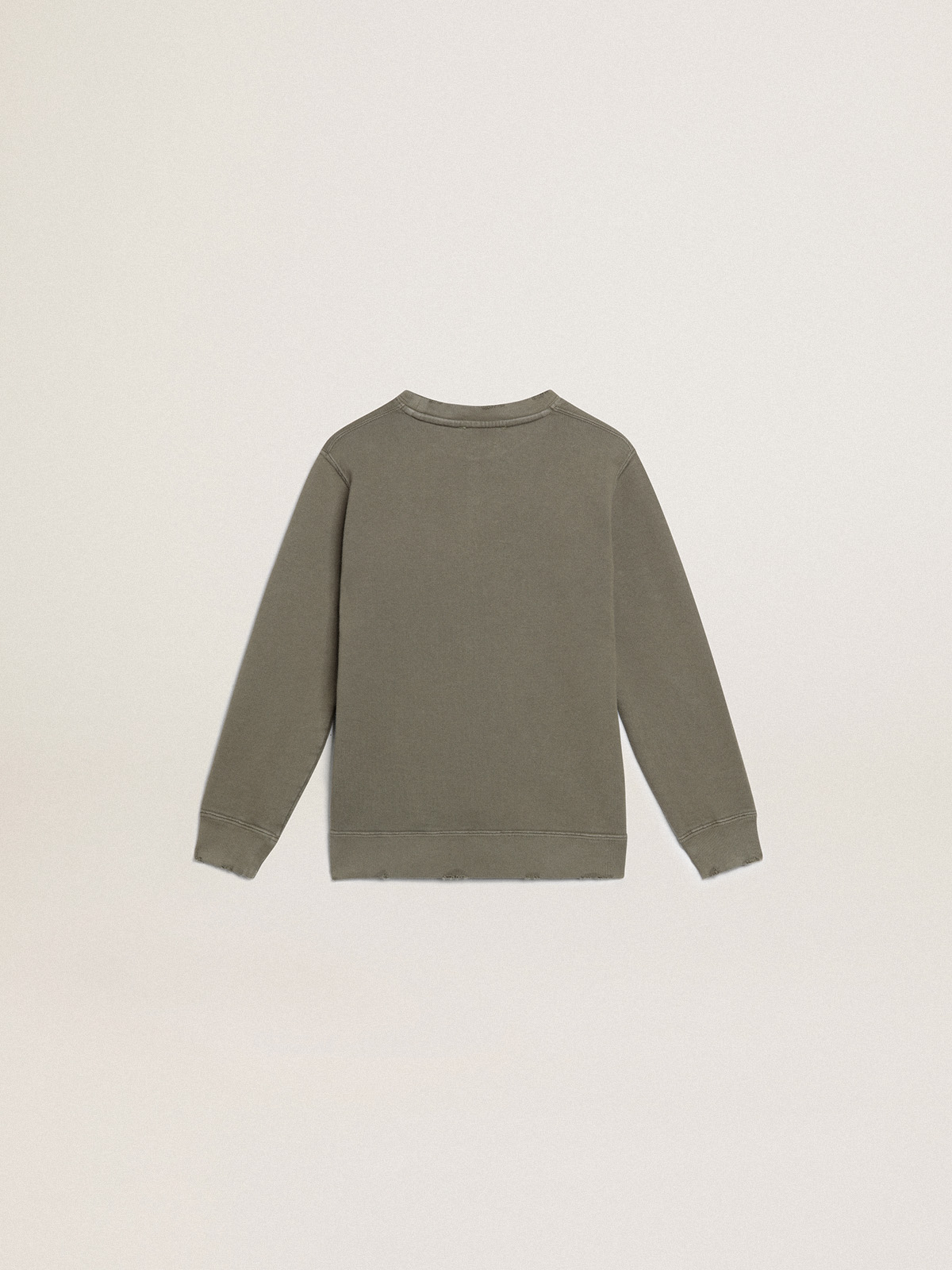 Distressed olive-green sweatshirt with Golden lettering on the 