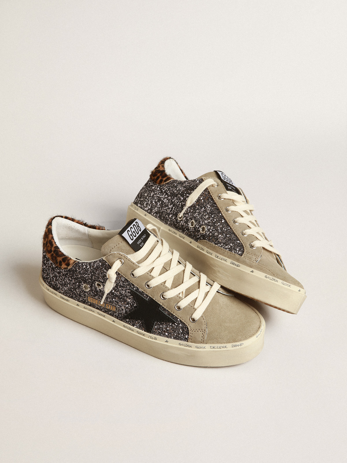 Hi Star in dark gray glitter with a black leather star | Golden Goose