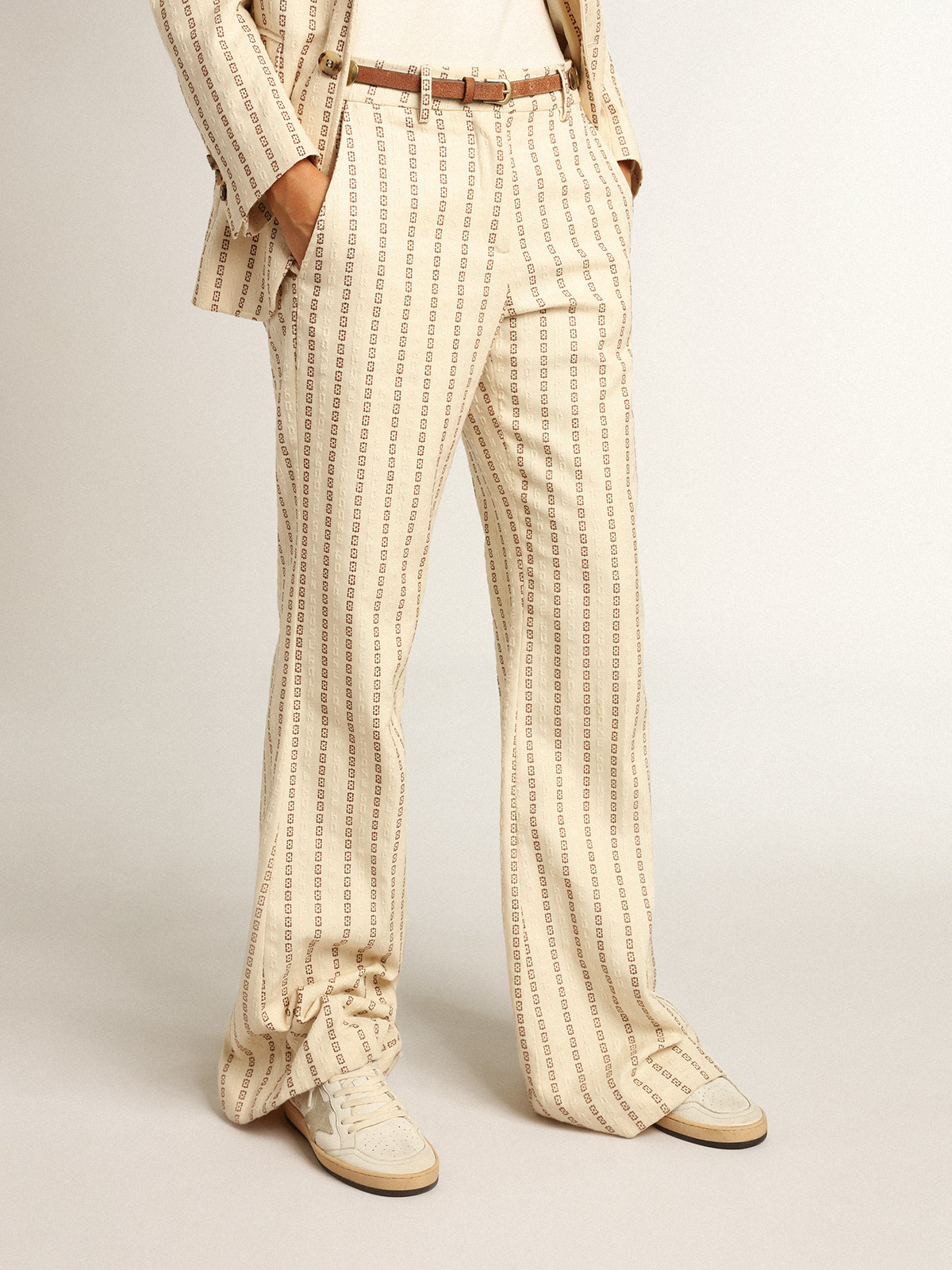 Cream-colored cotton pants with jacquard motif | Golden Goose