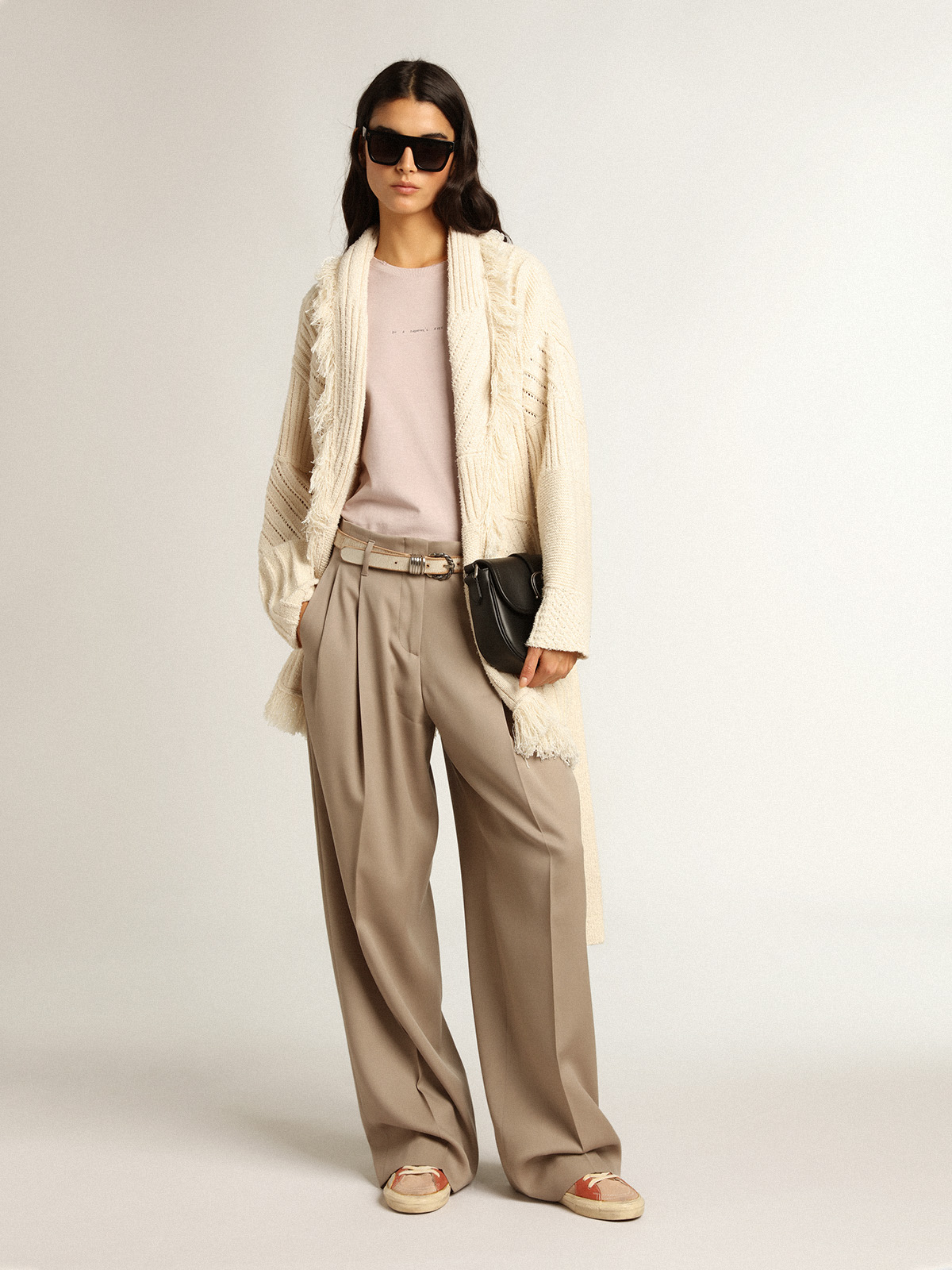 Belted cardigan in papyrus colored cotton Golden Goose