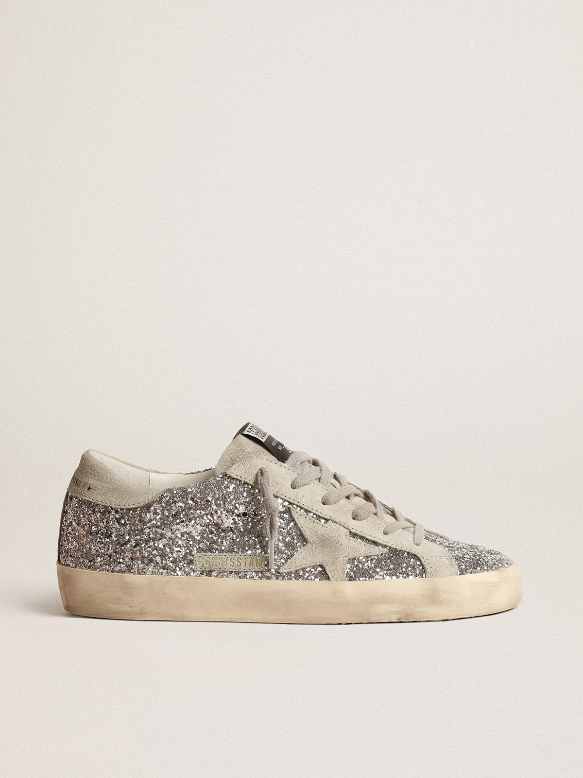 Women\'s Super-Star in silver glitter with ice-gray suede star | Golden Goose