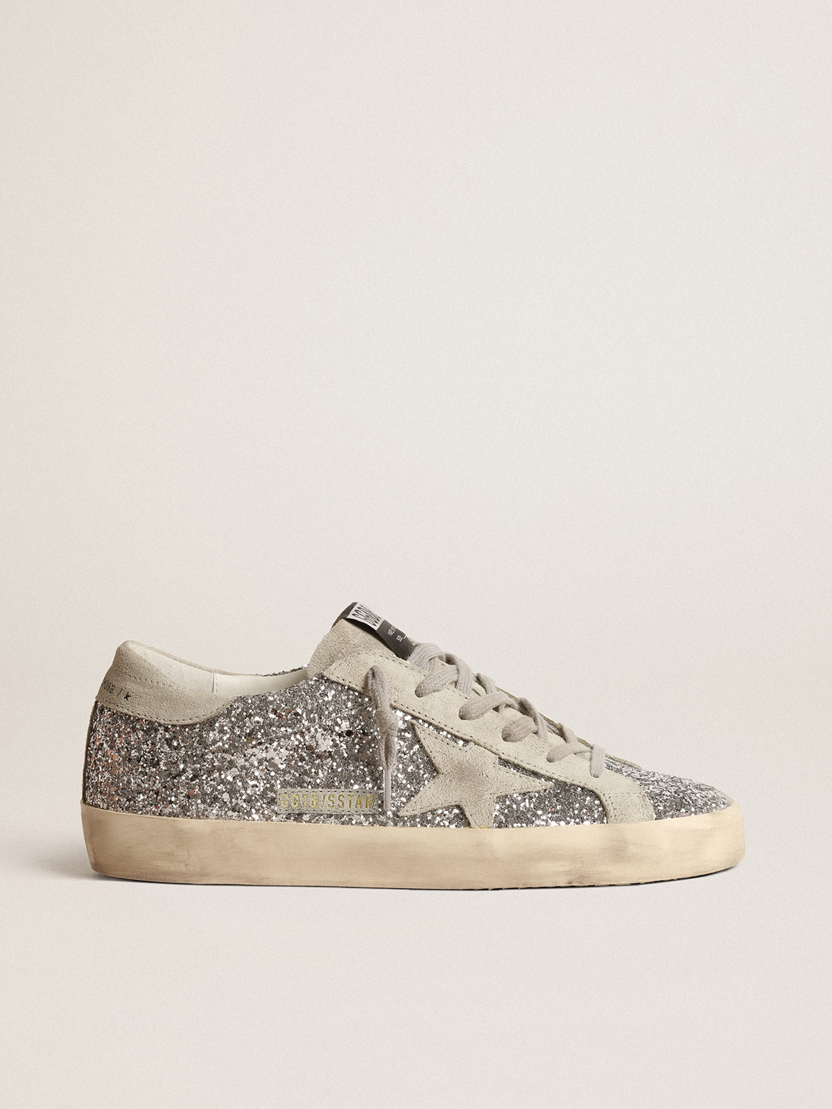 Super Star in silver glitter with ice gray suede star Golden Goose