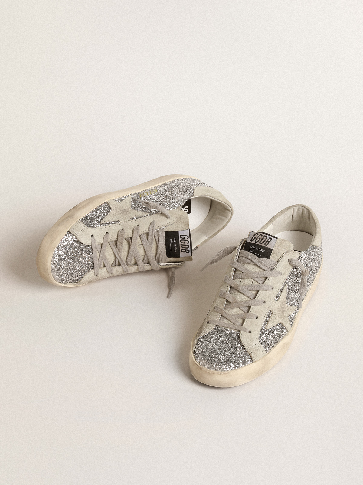 Women\'s Super-Star in silver glitter with ice-gray suede star | Golden Goose