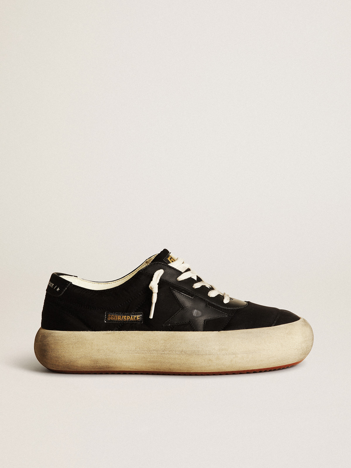 Space-Star shoes in black nylon with black leather star and heel tab |  Golden Goose